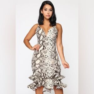 Fashion Nova Midi Dress Womens Size S Taupe Snake Print Bodycon